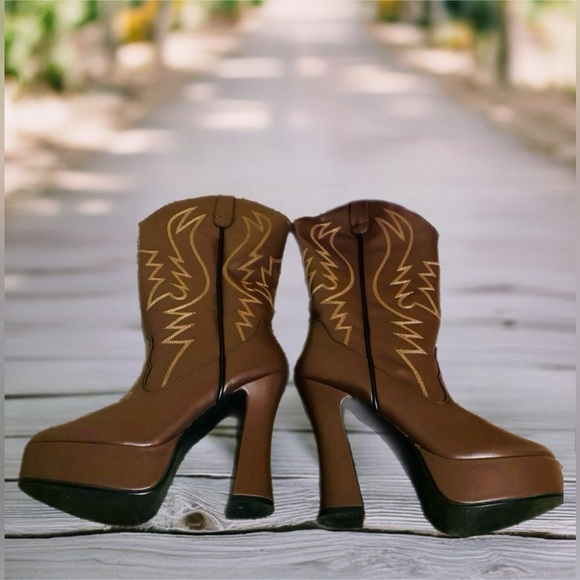 FunTasma Electra-1027 Brown Platform Cowboy Boots Sz 7 Halloween Costume Cosplay - Picture 2 of 5